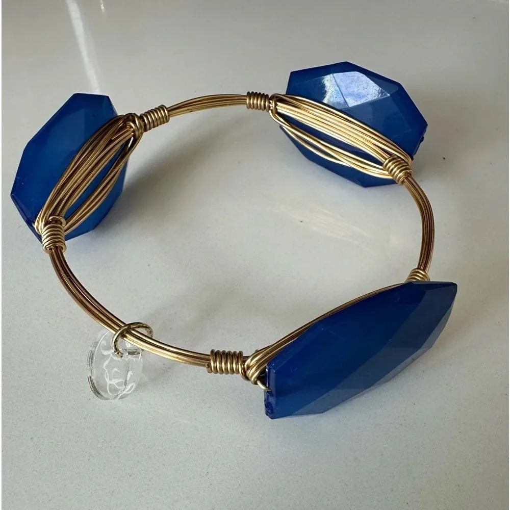 Gold Twisted Wire Blue Bangle Bracelet